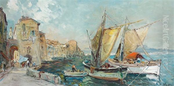Barques De Peche Dans Un Port Mediterraneen by Georgi Alexandrovich Lapchine