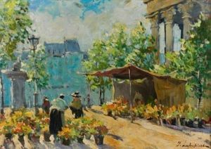 Le Marche Aux Fleurs, Place De La Madeleine by Georgi Alexandrovich Lapchine
