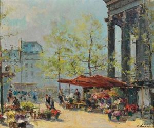 Le Marche Aux Fleurs, Place De La Madeleine by Georgi Alexandrovich Lapchine