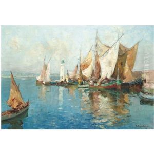Boats In A Harbour by Georgi Alexandrovich Lapchine