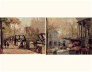 Les Bouquinistes Devant Notre-dame (+ Marche De Fleurs, Place De La Madeleine; Pair) by Georgi Alexandrovich Lapchine