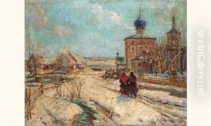 Deux Femmes Dans Un Village Enneige by Georgi Alexandrovich Lapchine
