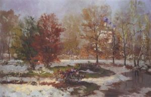 Russian Church In A Winter Landscape by Georgi Alexandrovich Lapchine