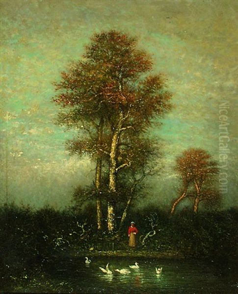 Teichlandschaft Mit Enten Futternder Frau - view 1