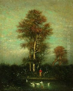 Teichlandschaft Mit Enten Futternder Frau by Louis-Emile Lapierre