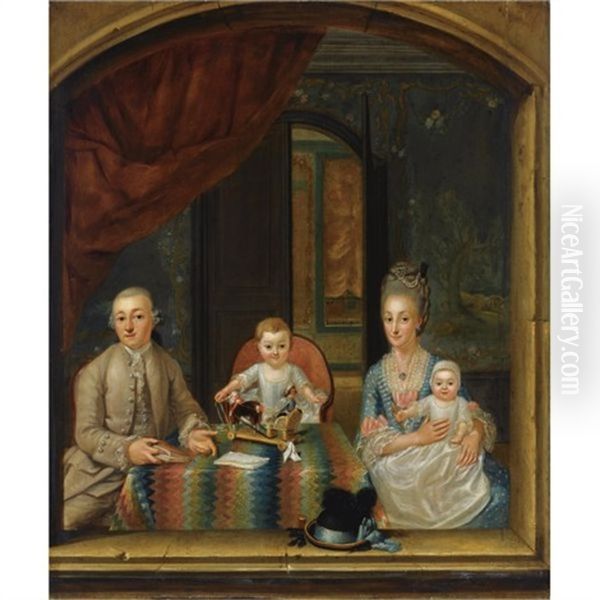 A Family Portrait Of A Gentleman And His Wife, With Their Two Children, Seated Around A Table In An Elegant Room, In Front Of A Window - view 1