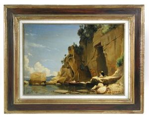 The Cote De Sansilippe-a Mediterranean View With An Artist Painting At His Easel
