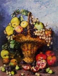 Grapes And Apples In A Basket With Pomegranates, Figs And Nuts On A Ledge by Ramon Laporta Astort