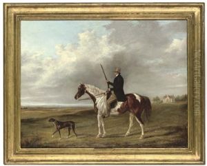 Portrait Of A Gentleman On His Piebald Hunter, A Pointer To His Side, In An Extensive Landscape