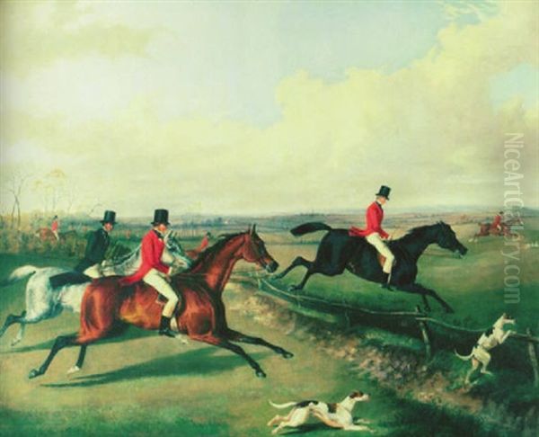 A Hunt In Full Cry, With Members Of The Field Taking A Fenced Brook - view 1