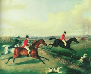 A Hunt In Full Cry, With Members Of The Field Taking A Fenced Brook