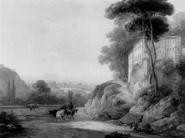 Drover With Cattle On A Path Outside A Mediterranean Town - view 1
