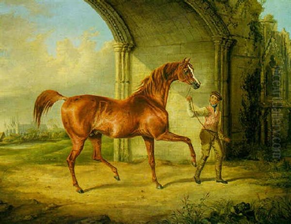 Portrait Of A Stallion ("cydnus"?) With Groom Near Peterborough Cathedral - view 1