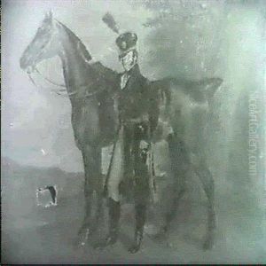 Portrait Of Light Infantry Officer Standing Beside His      Charger In A Landscape