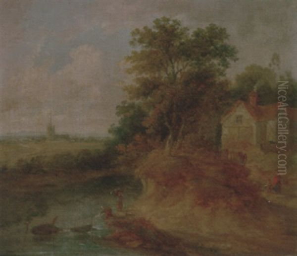 Washerwomen By A Stream, A Church And A Town Beyond - view 1
