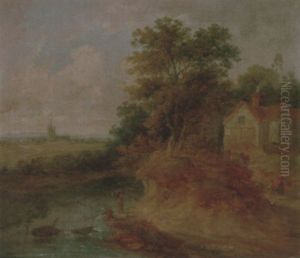 Washerwomen By A Stream, A Church And A Town Beyond by John Laporte