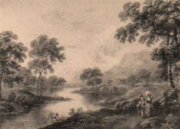 Travellers By A River With A Castle Beyond - view 1