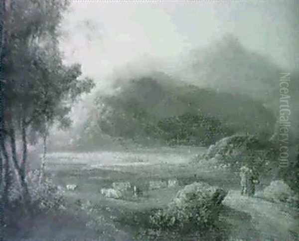 Welsh Landscape With Cattle Resting By A Lake by John Laporte