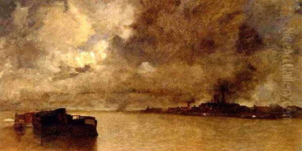 Barges On An Estuary Before A Hamlet At Dusk - view 1