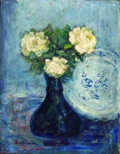 Nature Morte Au Plat De Faience Et Aux Roses Blanches by Pierre Laprade