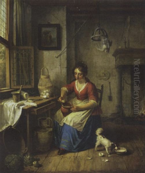 A Kitchen Maid Preparing Eggs By A Window - view 1