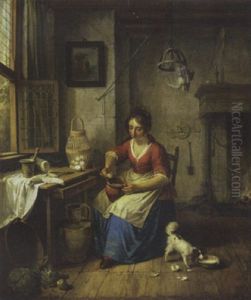 A Kitchen Maid Preparing Eggs By A Window