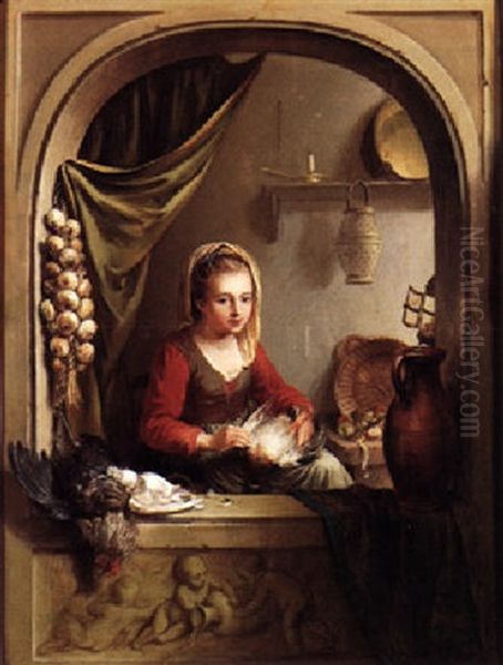 A Kitchen Maid At A Window Plucking A Duck - view 1