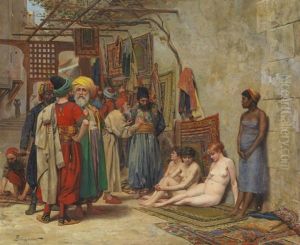 Orientalischer Markt Mit Drei Weissen Und Einer Dunklen Sklavin by Andre Emile Larcher