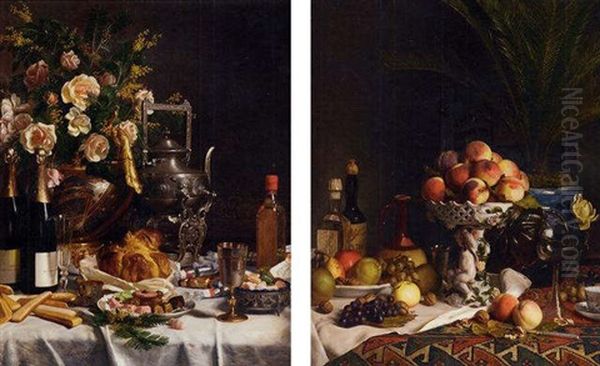 A Tazza Of Peaches, Fruit In A Bowl And Bottles On A Draped Table - view 1