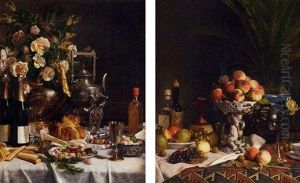 A Tazza Of Peaches, Fruit In A Bowl And Bottles On A Draped Table by Jules Larcher