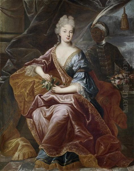 Portrait Of A Lady With An African Attendant, Before A Curtain - view 1