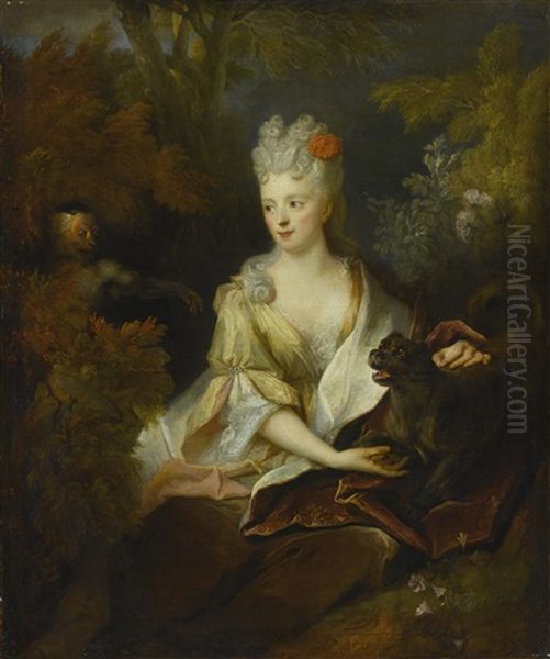 Portrait Of A Lady Seated In A Landscape With Her Pet Dog And A Monkey - view 1