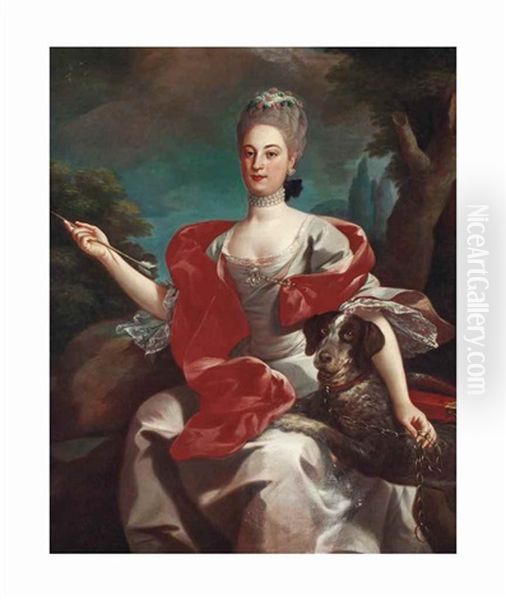 Portrait Of A Lady, As Diana The Huntress, Seated Three-quarter Length, Wearing A White Dress With A Pink Wrap, And Pearl Necklace And Earrings, With A Dog - view 1