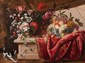 Coupe De Fruits Et Vase De Fleurs Sur Un Entablement Avec Un Tapis by Nicolas de Largilliere