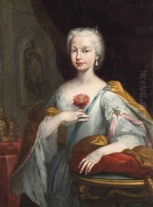 Portrait Of Mariana Victoria De Borbon (1718-1781), Infanta Of Spain And Later Queen Of Portugal, Half-length, In A Blue Dress With An Ermine-lined Yellow Mantle, Holding A Peony, A Bejewelled Crown To Her Right, Before A Draped Curtain