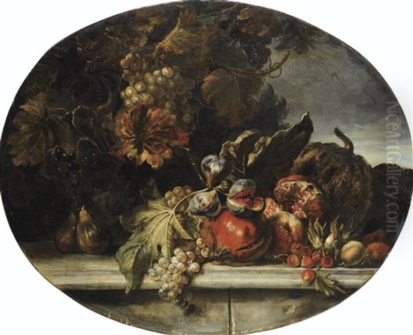 Nature Morte Aux Raisins, Grenades Et Figues Sur Un Entablement De Pierre - view 1