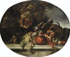 Nature Morte Aux Raisins, Grenades Et Figues Sur Un Entablement De Pierre