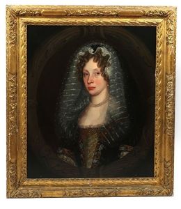 Bust Length Portrait Of A Lady With Curly Hair Wearing A Lace Veil Tied By A Ribbon Bow, Pearl Necklace And Earring, Floral Embroidered Deep Blue Dress In Feigned Oval