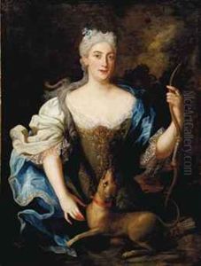 Portrait Of A Laidy, Three-quarter-length, Dressed As Diana The Huntress, With A Dog by Nicolas de Largilliere