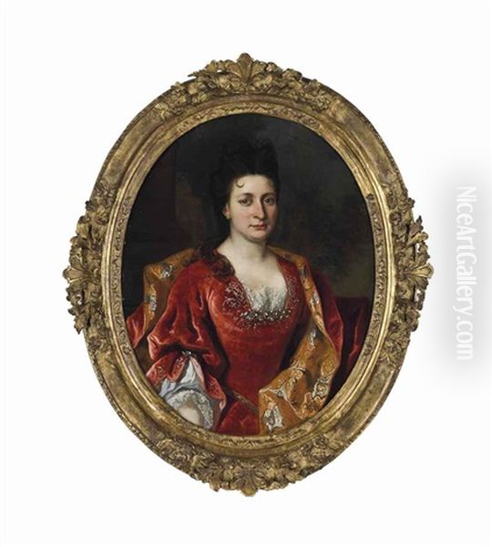 Portrait Of A Lady, Half-length, In A Lace Trimmed Red Dress And Embroidered Gold Wrap - view 1