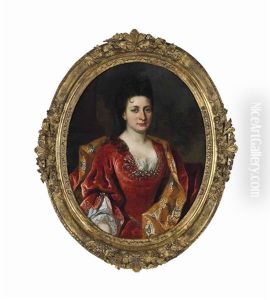 Portrait Of A Lady, Half-length, In A Lace Trimmed Red Dress And Embroidered Gold Wrap by Nicolas de Largilliere