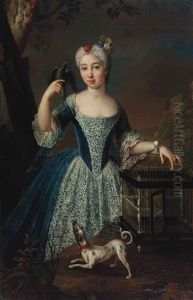 Portrait Of A Girl In A Blue Dress With Lace Trimming Resting Her Left Arm On A Bird Cage Holding A Parrott With A Dog In The Foreground
