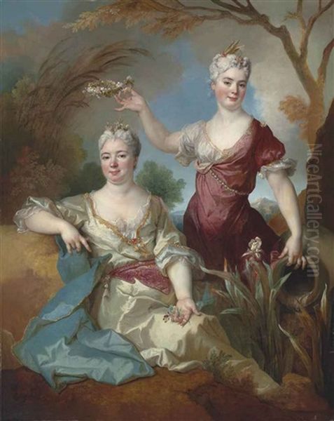Portrait Of Baroness Le Leu D'aubilly, Full-length, In A White Dress With A Gold Trim And A Blue Wrap, And Her Daughter Madame De Guinaumont, Seated... - view 1