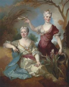 Portrait Of Baroness Le Leu D'aubilly, Full-length, In A White Dress With A Gold Trim And A Blue Wrap, And Her Daughter Madame De Guinaumont, Seated...