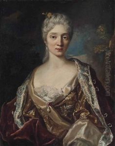 Portrait Of A Lady, Half-length, In An Embroidered Dress And Wrap, With A Ruby And Diamond Brooch, A Wooded Landscape Beyond by Nicolas de Largilliere