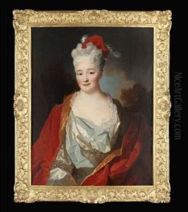 Portrait Of An Elegantly Dressed Lady In A Light Blue Dress And A Red Velvet Wrap, Wearing A Feathered Scarlet Bonnet, A Landscape Beyond by Nicolas de Largilliere