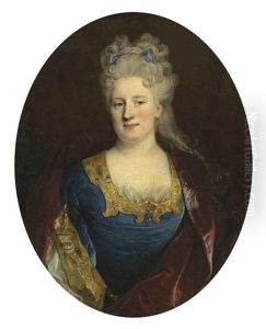 Portrait Of Madeleine Le Roux, Wife Of Manzeray De Courvaudon, In A Blue Dress With Gold Trim, Ribbons In Her Hair