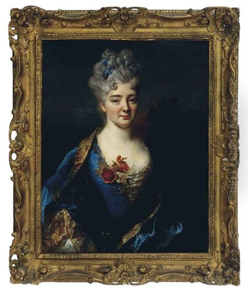 Portrait Of A Lady In A Gold Embroidered Blue Dress And Shawl, In A Landscape - view 1