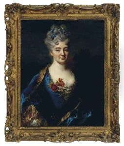 Portrait Of A Lady In A Gold Embroidered Blue Dress And Shawl, In A Landscape by Nicolas de Largilliere