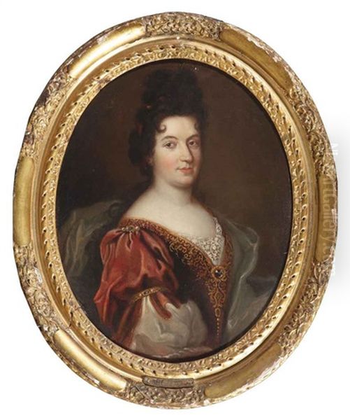 Portrait Of A Lady In A Red And Gold Embroided Dress With A White Wrap - view 1